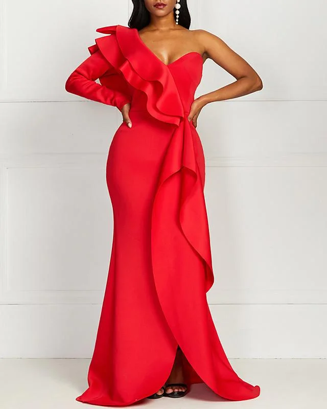 Women's Sheath Dress Maxi Long Dress Red Long Sleeve Solid Color Ruched Ruffle Zipper Winter Elegant