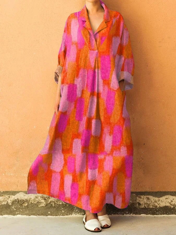 Women's Vintage  Abstract Geometry  Art Print V-Neck Pocket Cotton Dress