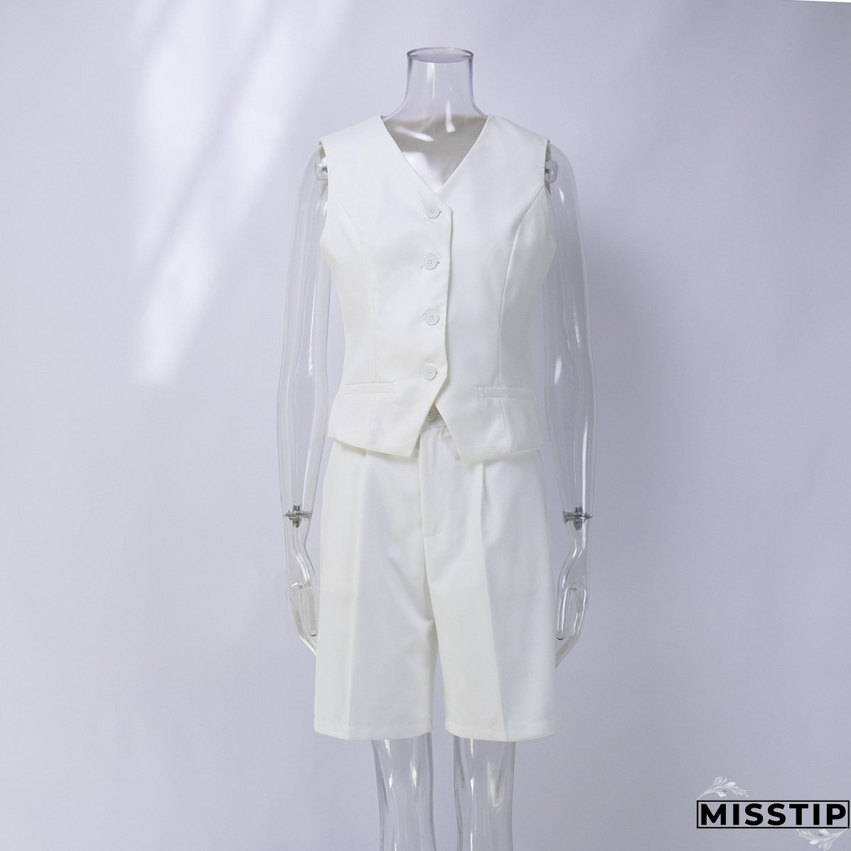 Women v-neck single-breasted vest + shorts two-piece set