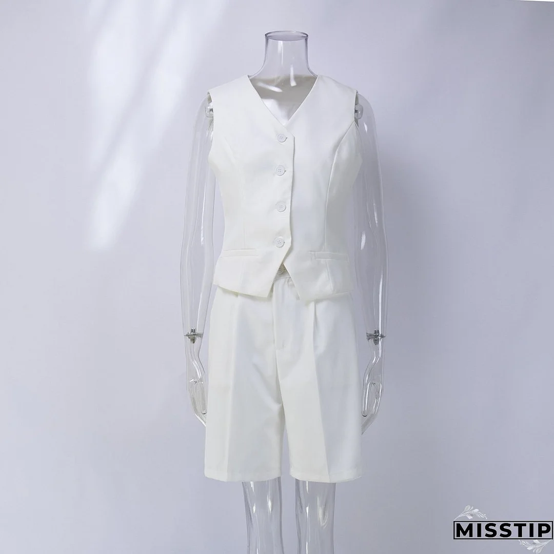 Women v-neck single-breasted vest + shorts two-piece set