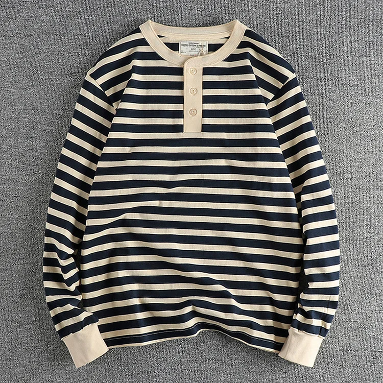 Vintage Striped 230g Cotton Washed Long Sleeve Henley Neck T-Shirt