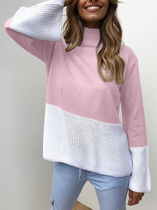 Turtle Neck Color-Block Bell Sleeve Solid Sweater