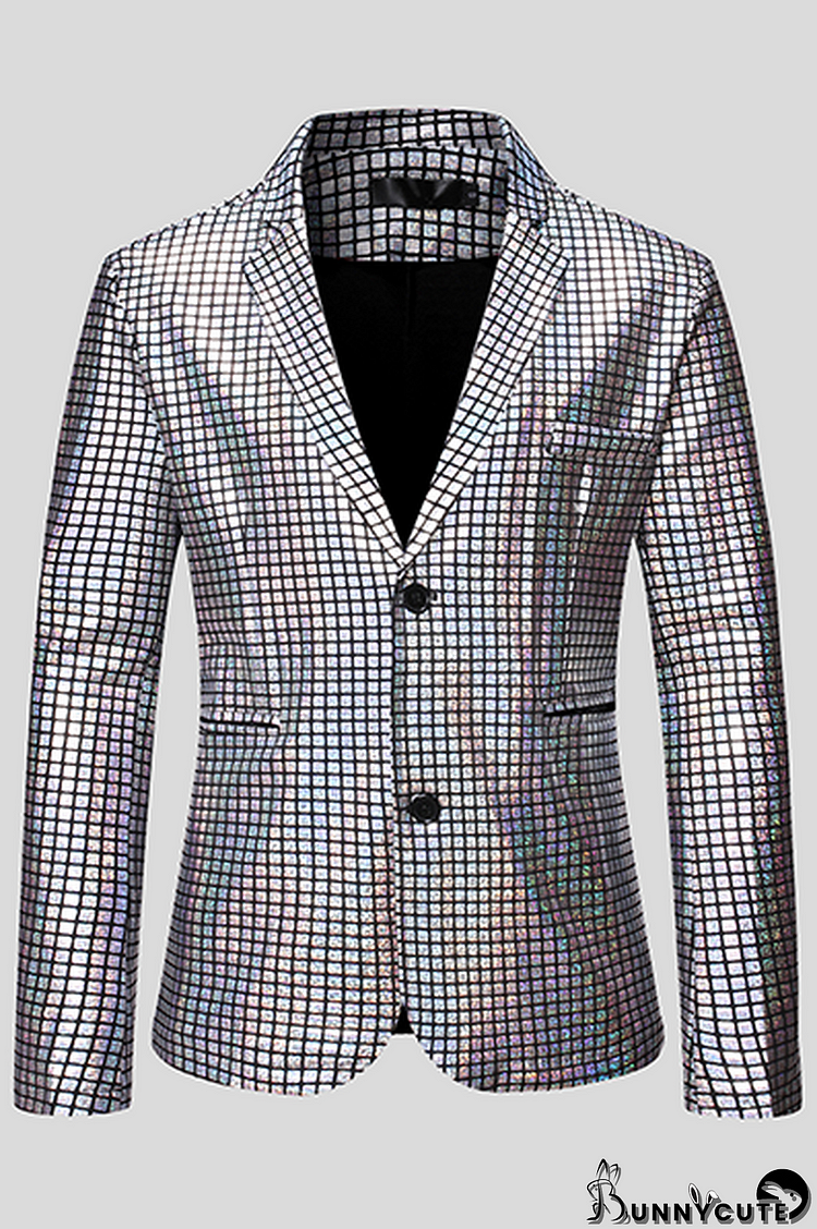 Silver Fashion Street Plaid Bronzing Split Joint Buckle Turn-back Collar Outerwear