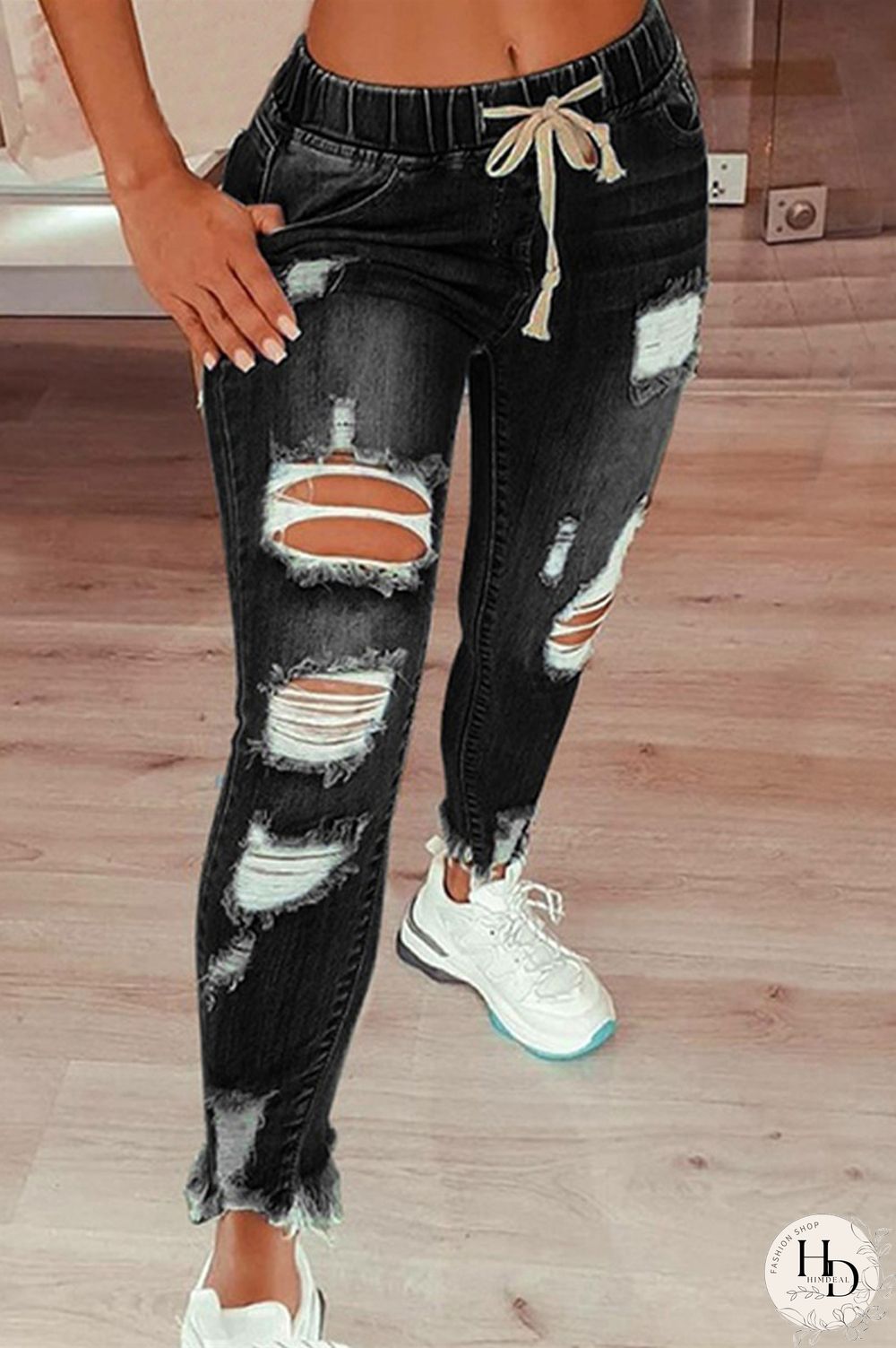 Black Fashion Casual Solid Ripped Plus Size Jeans