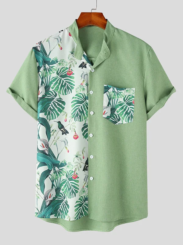 Aonga - Mens Tropical Plant Patchwork Stand Collar Shirt