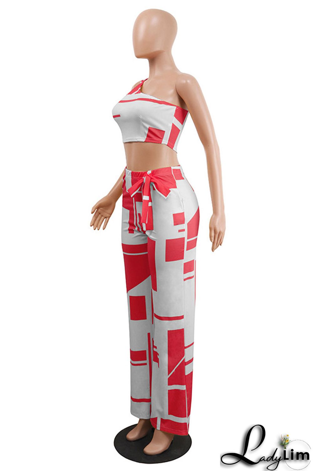 Black Sexy Casual Print Vests Pants One Shoulder Sleeveless Two Pieces