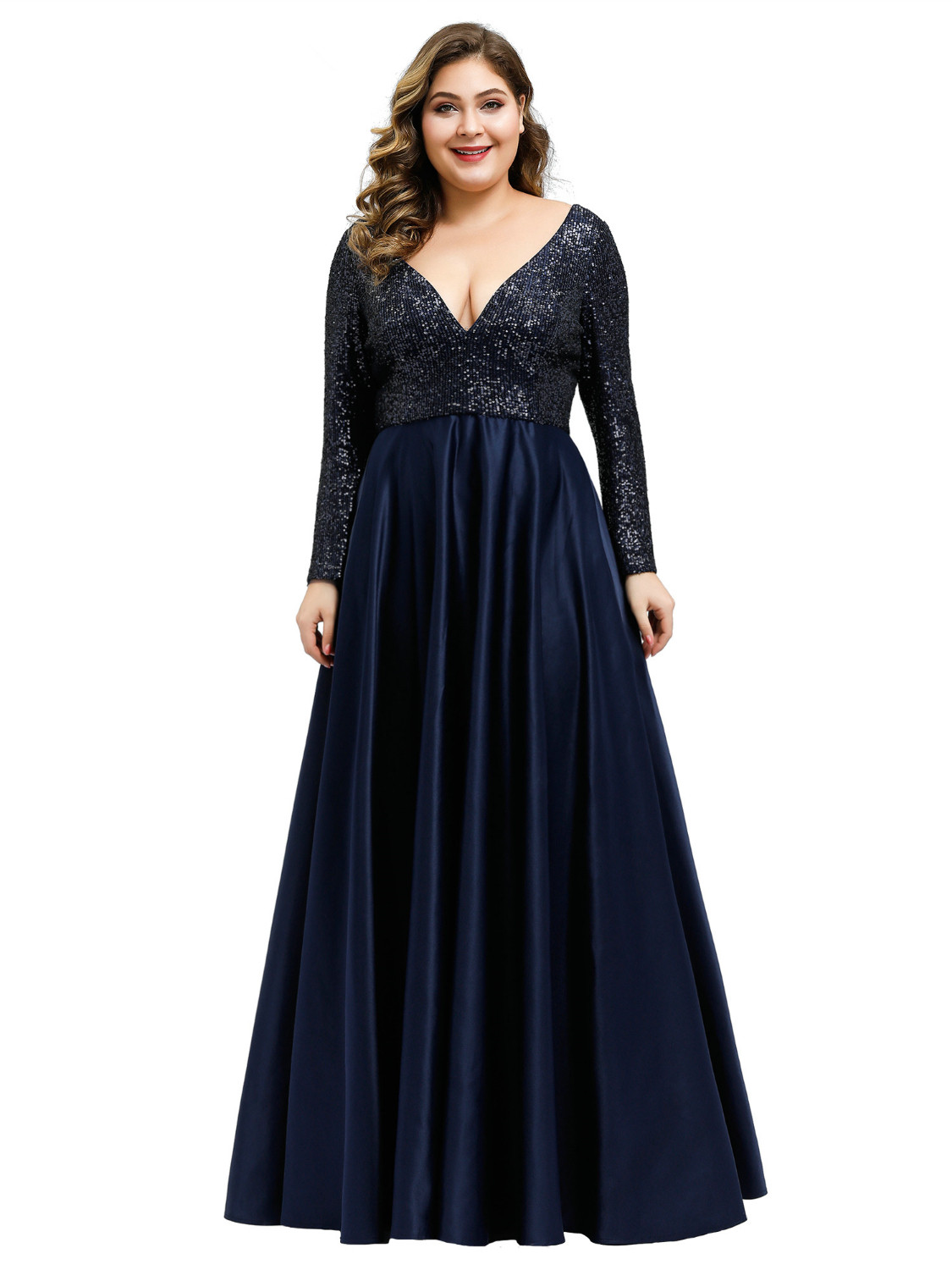Gorgeous Long Sleeve Sequins Prom Dress Navy V-Neck Plus Size Evening Gowns