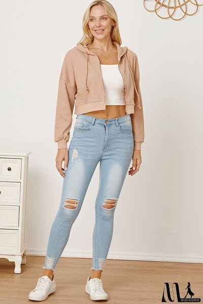 MidiSono - Waffle-Knit Drawstring Zip Up Hoodie