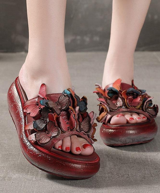 Casual Platform Red Cowhide Leather Peep Toe Slide Sandals