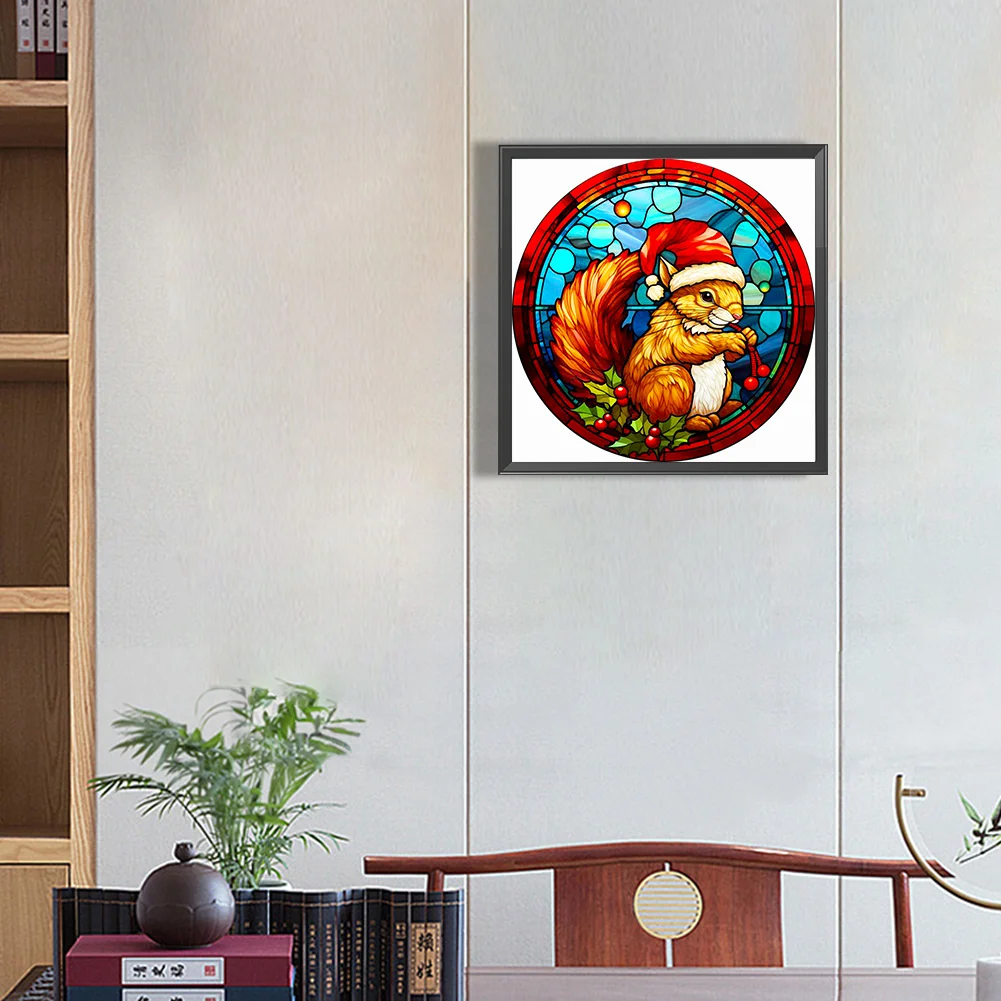 Diamond Painting - Full Round Drill - Stained Glass Xmas Squirrel(Canvas|40*40cm)