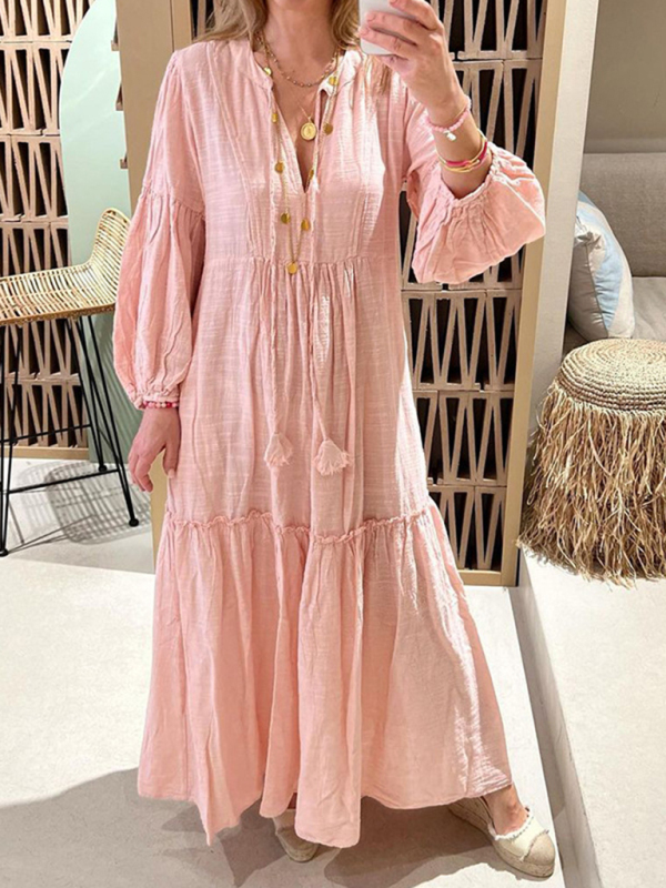 Mature Women Fashion V-Neck Puff Sleeve Bohemian Cotton and Linen Maxi Dress