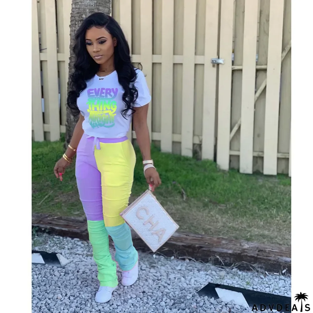 Casual Placement Print Letter Contrast Pleated Two-Piece Set