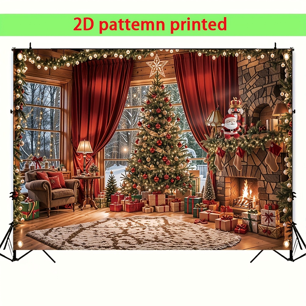 Tegooe Cozy Christmas Fireplace Tree Backdrop Festive Photo Booth Background Banner with Hanging Holes Multi-Size Options