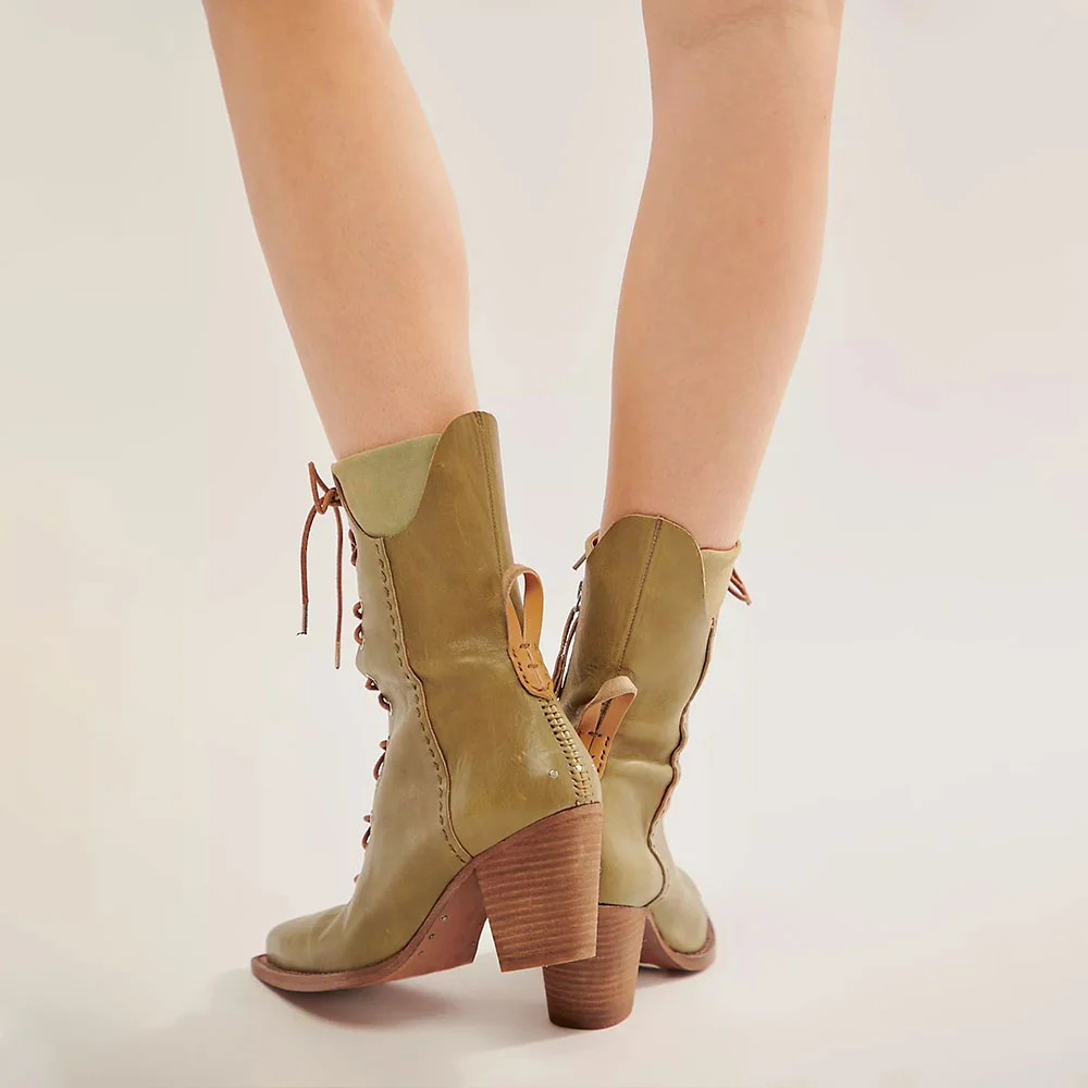 Simple Olive Square Toe Lace-Up Stacked Heel Booties for Women