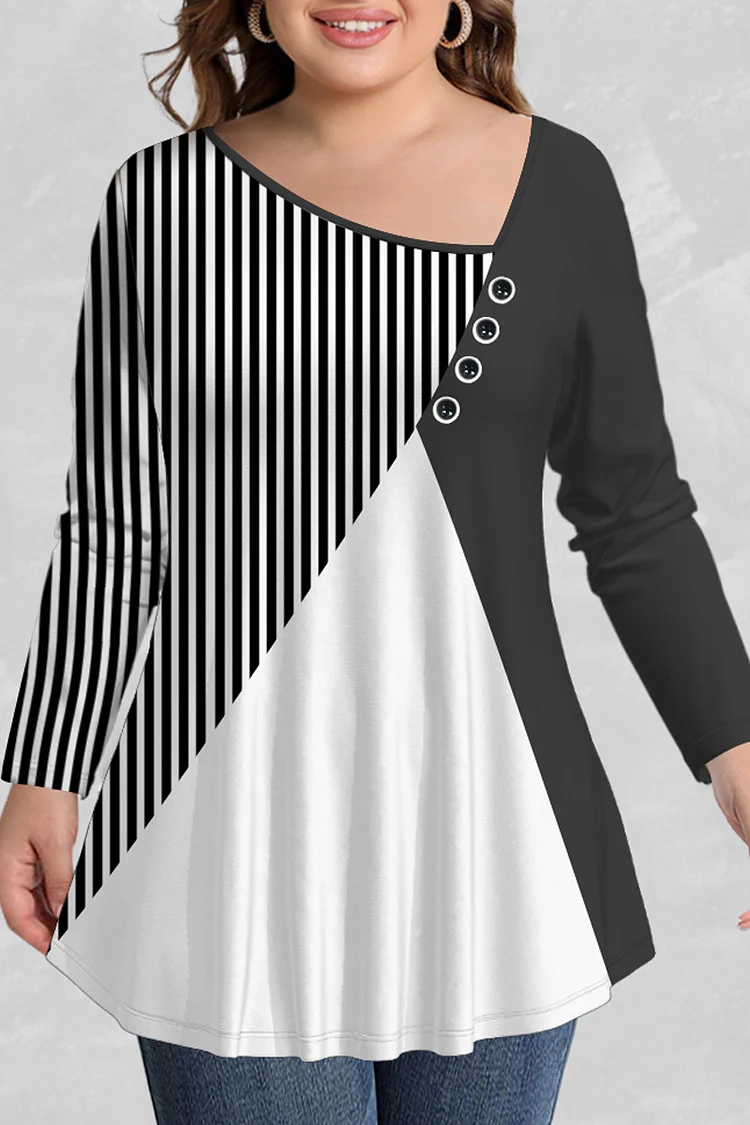 Flycurvy Plus Size Casual Black Striped Colorblock Stitching Print Decorative Button Skew Collar Blouse  Flycurvy [product_label]