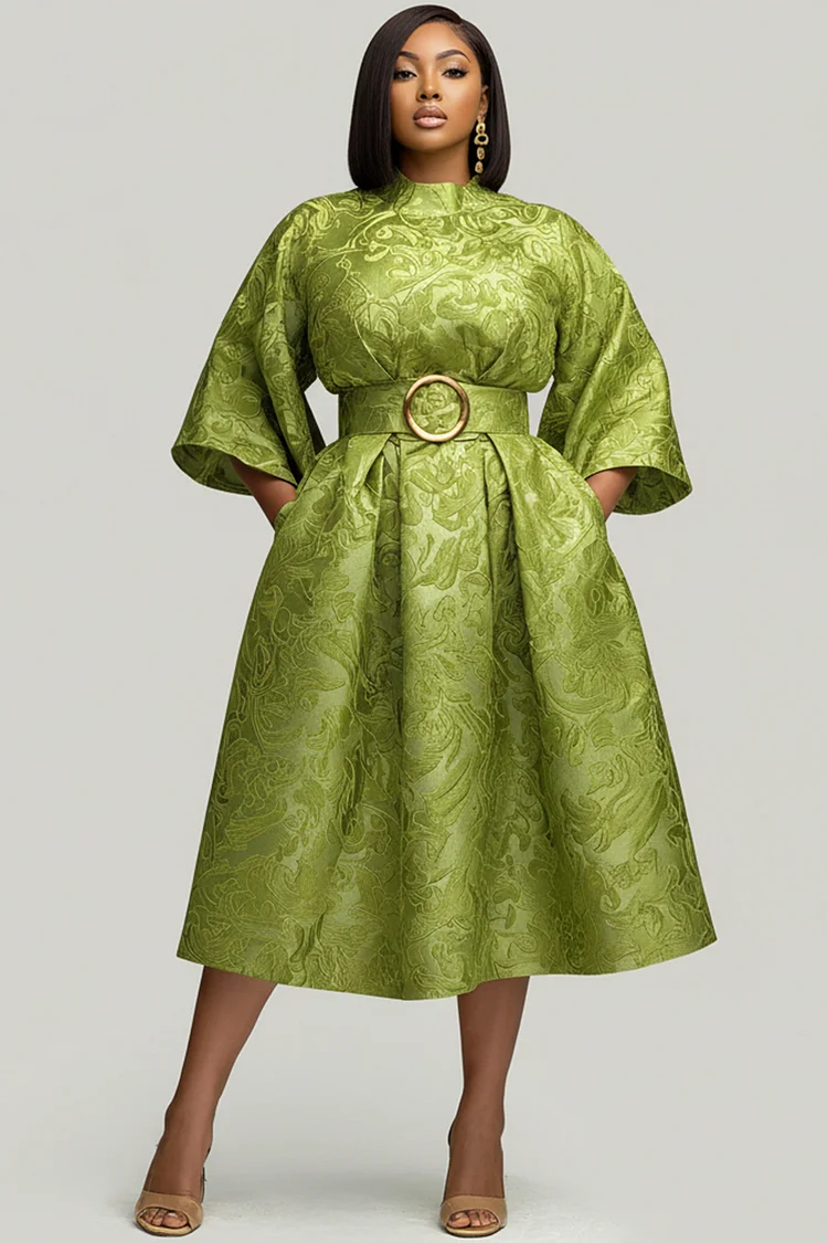 Xpluswear Design Plus Size Wedding Guest Green Round Neck 3/4 Sleeve Pocket Midi Dresses 2024 - Xpluswear