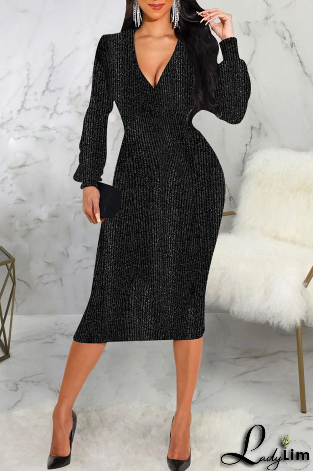 Black Sexy Solid Split Joint V Neck Pencil Skirt Dresses