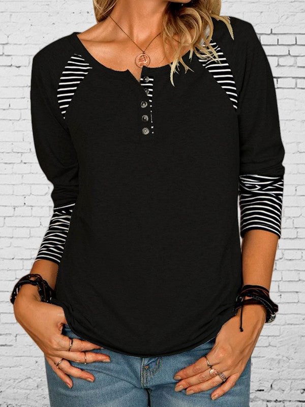 Casual Striped Panel Button Long Sleeve T-Shirt