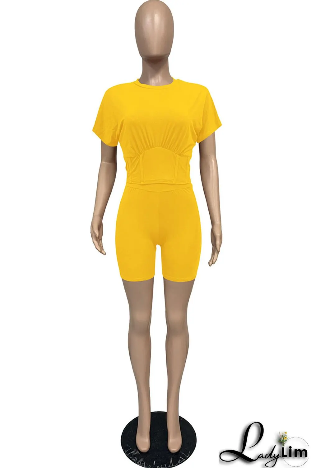Yellow Casual Solid Split Joint O Neck Short Sleeve Two Pieces