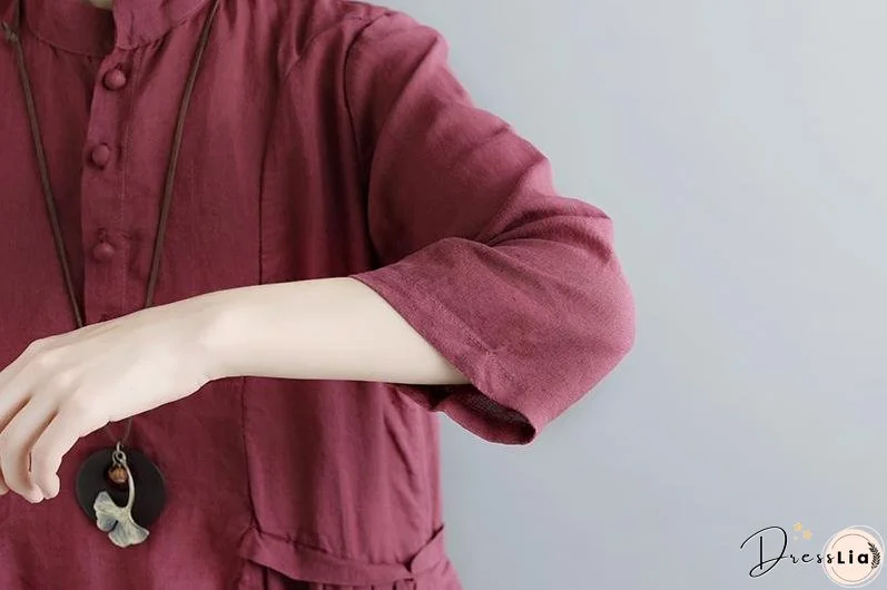 Summer Short Sleeve Buttons Pockets Purple Pleated Retro Dress