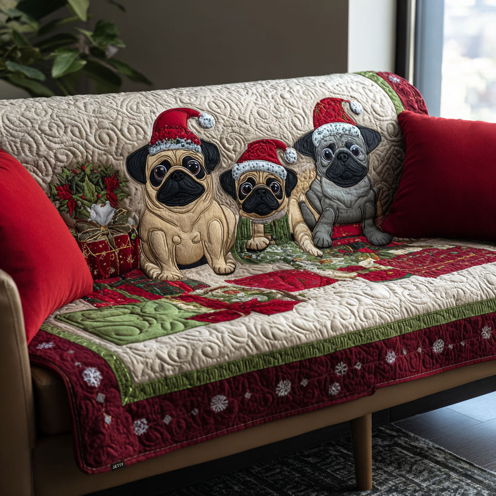Festive Pug Trio Quilted Sofa Cover NCU0PT9811 everthome
