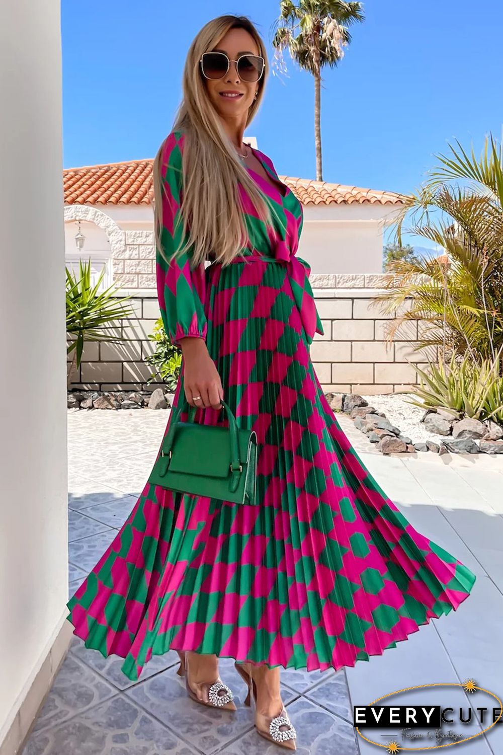 Multicolor Rhombus Contrast Color Block Belted Maxi Dress