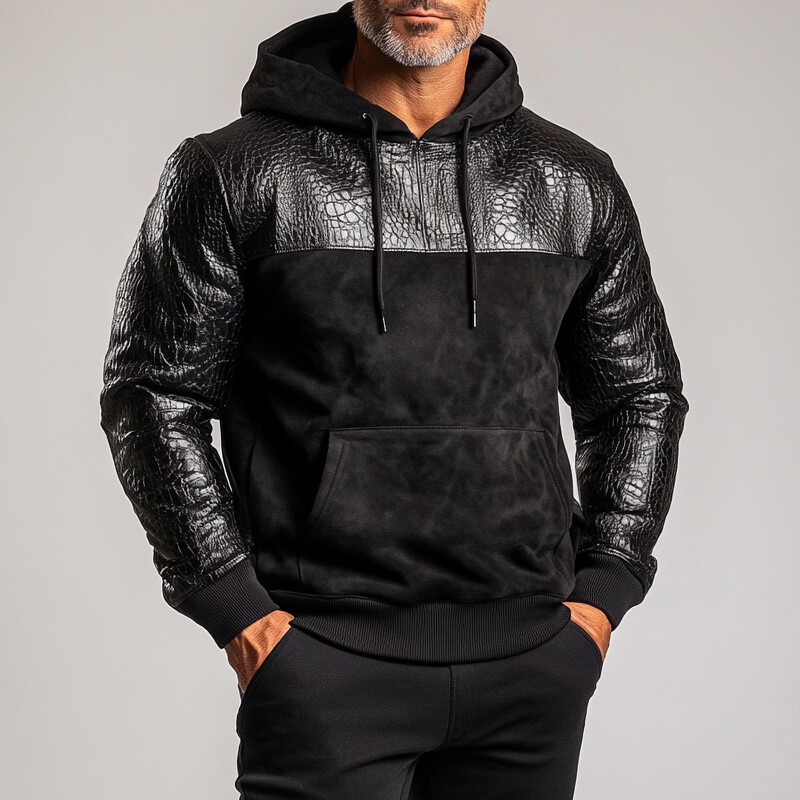 Men's PU Leather Crocodile Pattern Patchwork Suede Pocket Hoodie