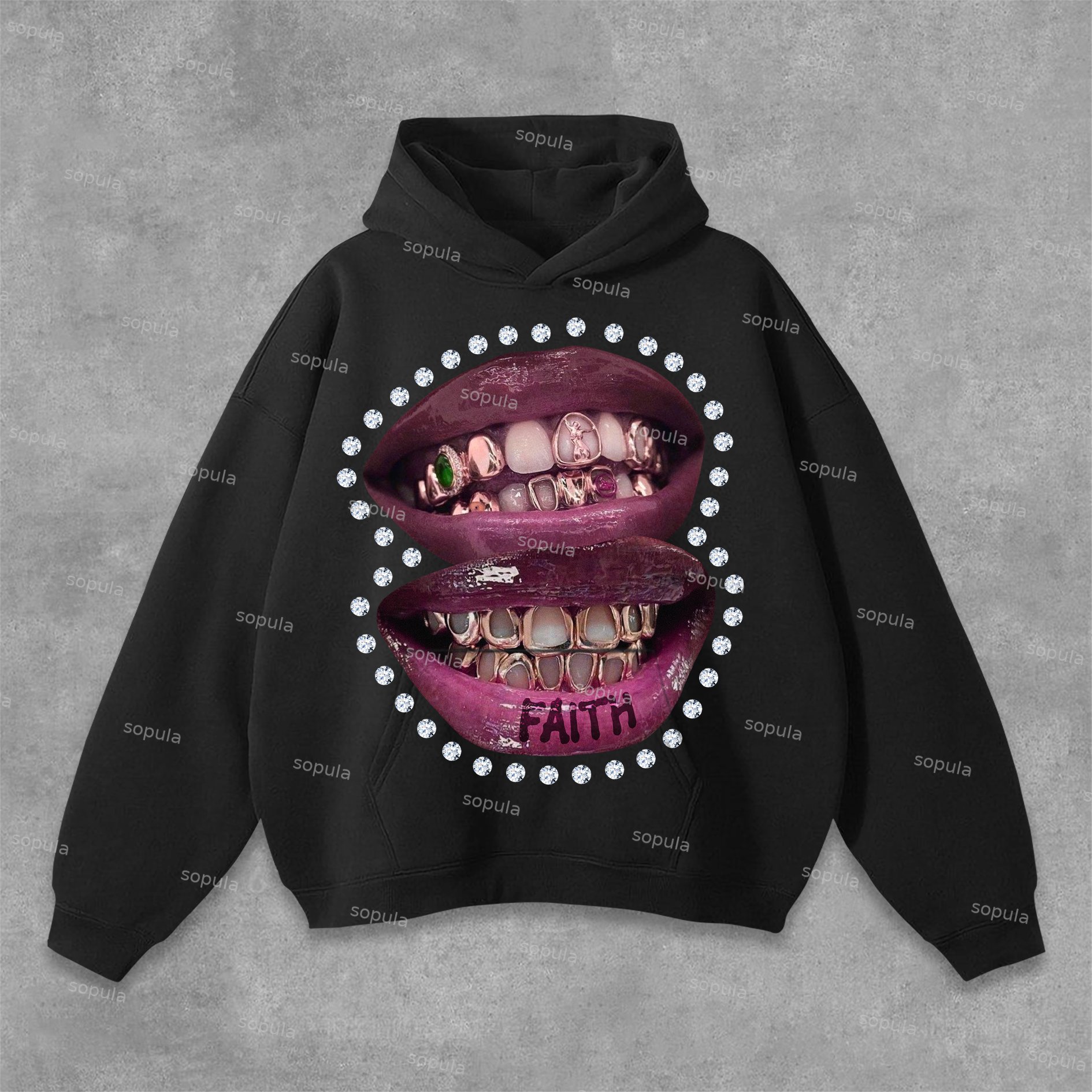 Sopula Diamond Teeth Lips Faith Graphics Pocket Hoodie