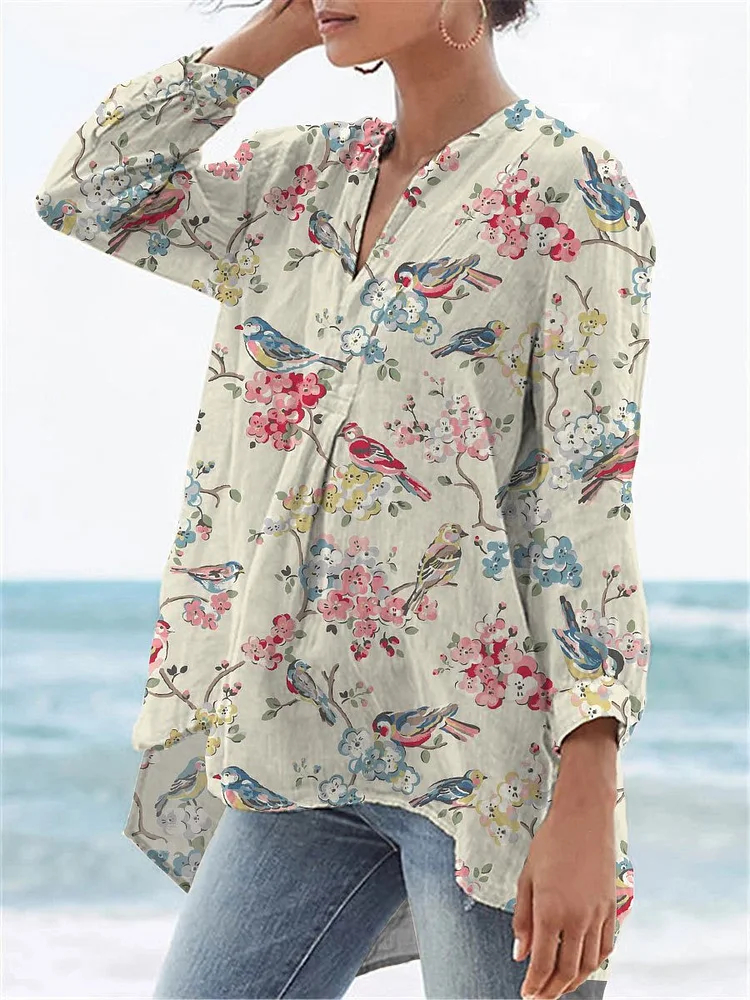 Women's  Flower Print Casual Linen V-neck Shirt