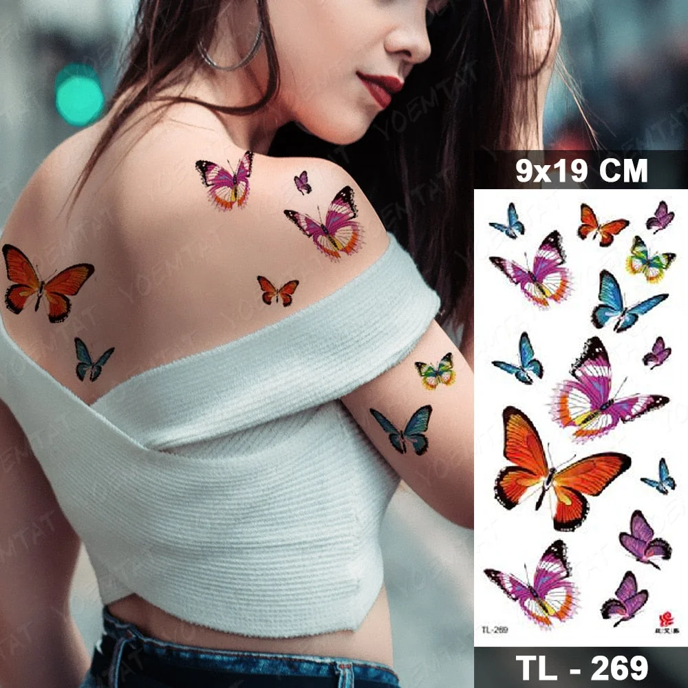 Temporary Tattoos Sticker For Women Body Art Tattoo Sticker 3d Butterfly Rose Flower Feather Tattoo Waterproof Halloween Gift