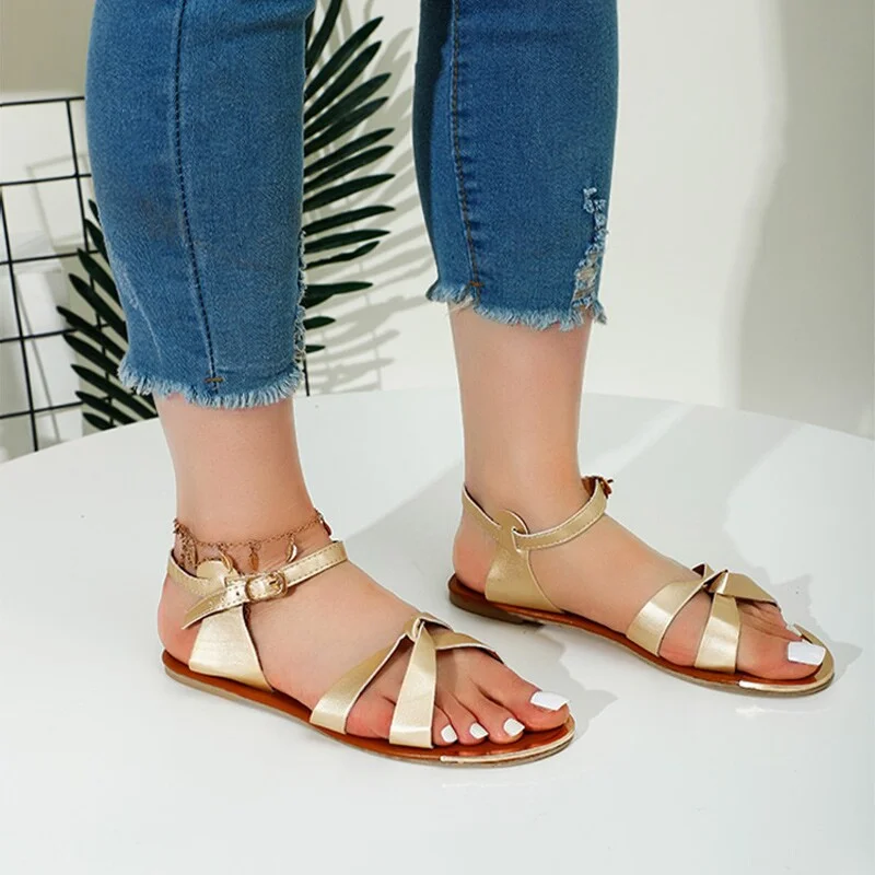 Qengg MCCKLE Sandals Women Solid Color Buckle Strap Flat Sandals Ladies Outside Peep Toe Strappy Cross Shoes Female Summer Beach Shoes