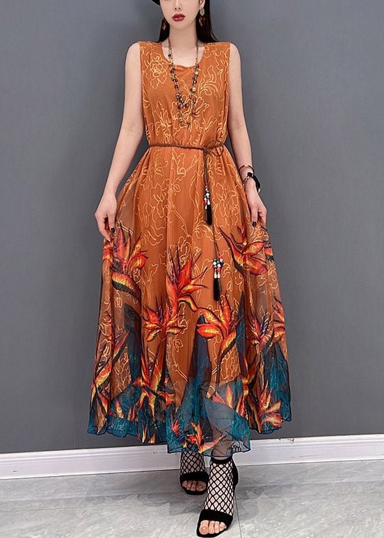 Top Quality Orange O-Neck Chiffon Long Beach Dresses Sleeveless