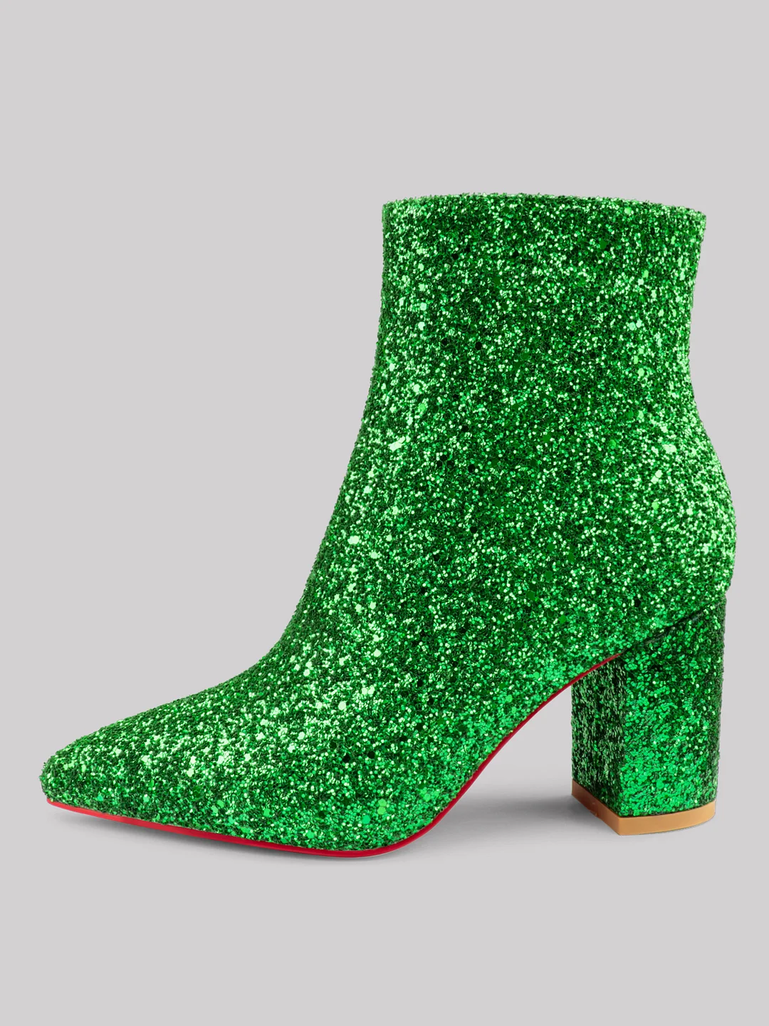 75mm Women's Ankle Booties Chunky Block Heel Pointed Toe Zipper Shiny Glitter Red Bottom Boots