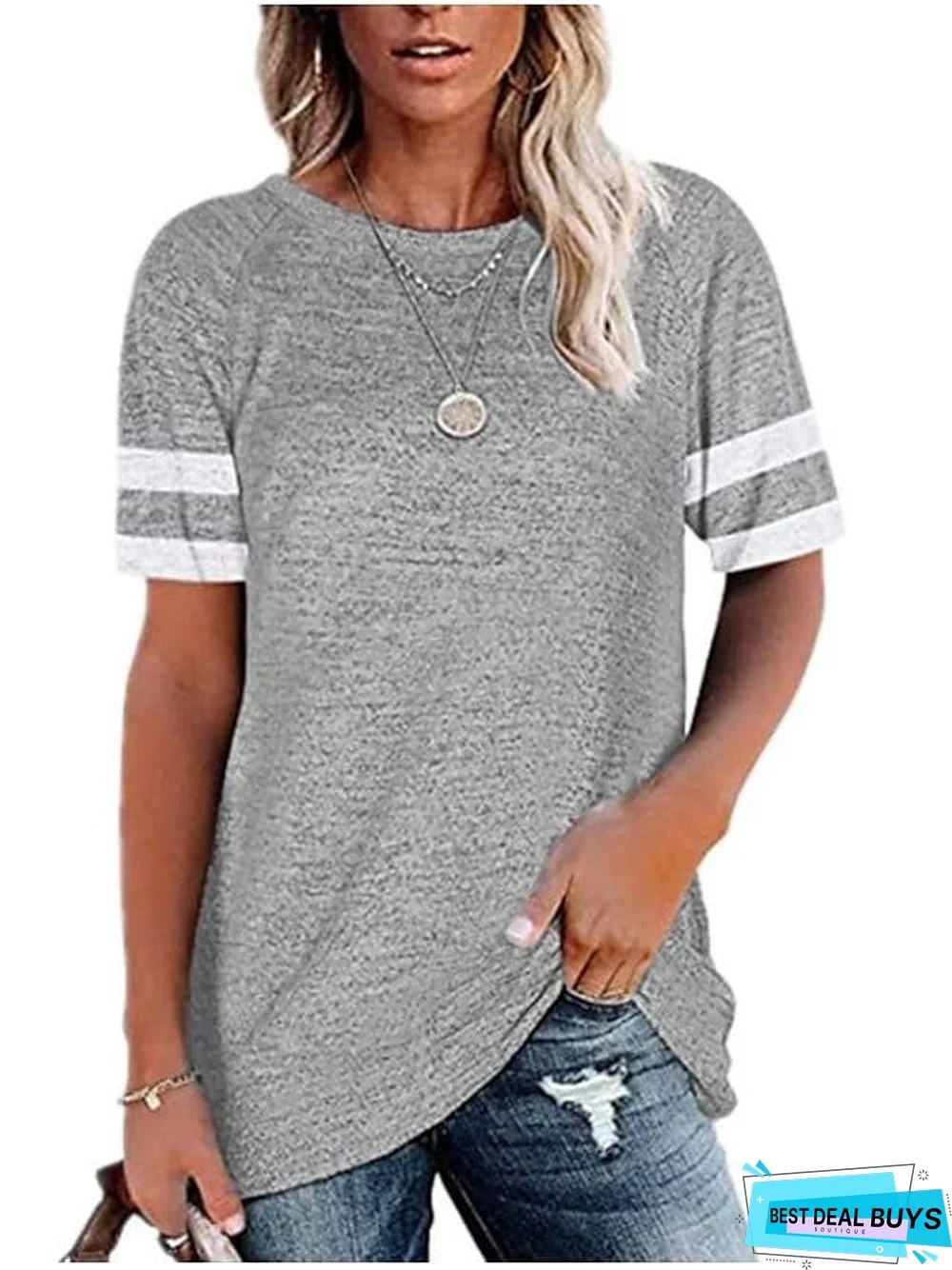 Women's T-Shirt Plain Patchwork Round Neck Tops Cotton Basic Top Black Blue Wine