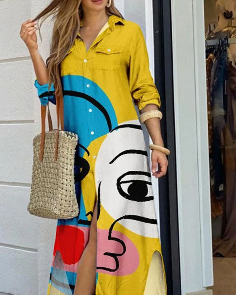 Line Art Print Long Dress