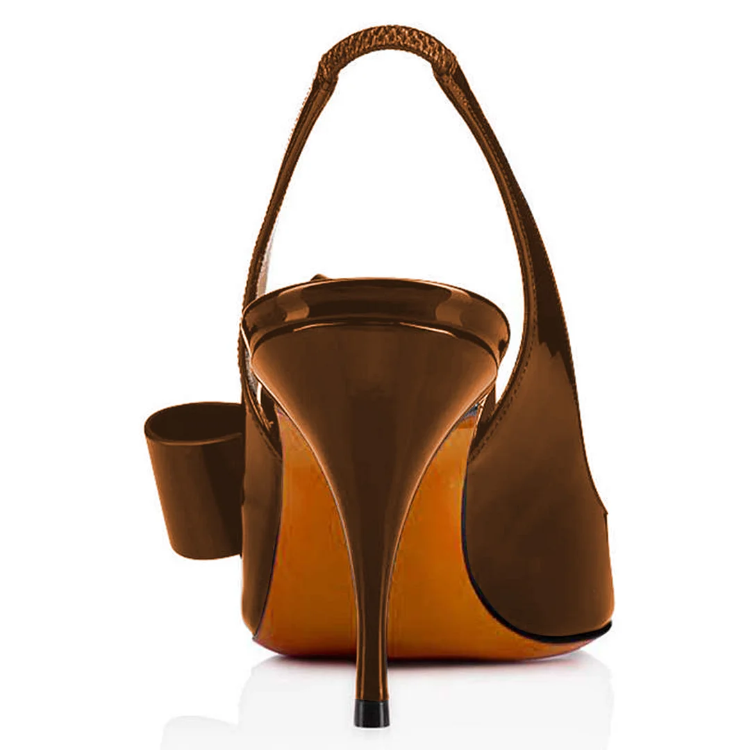 Brown Shiny Patent Leather Bow Inlay Pointed Slingback Classy Pumps