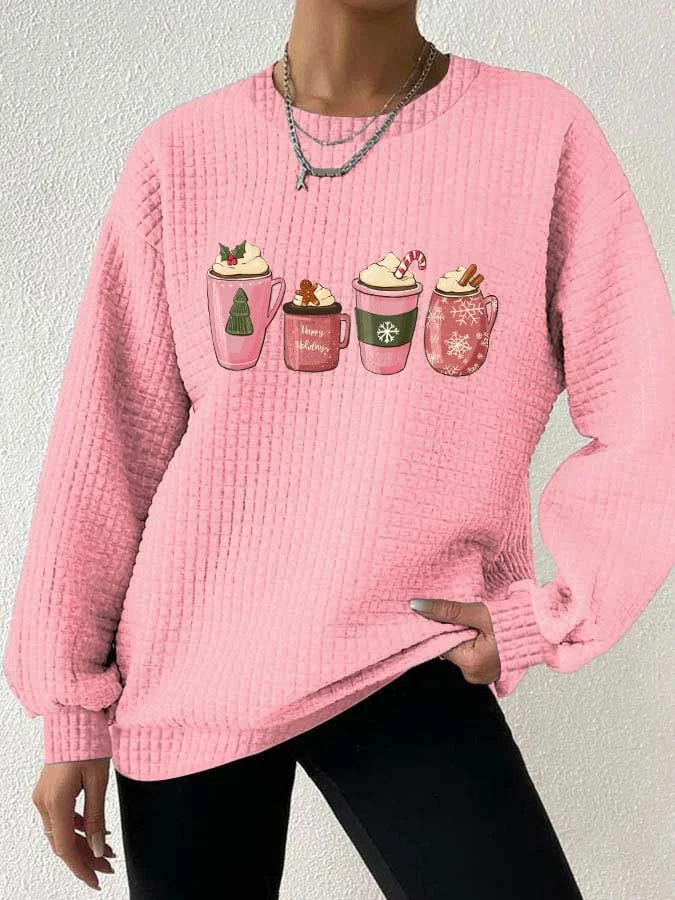 Women's Pink Coffee Cup Print Waffle Sweatshirt