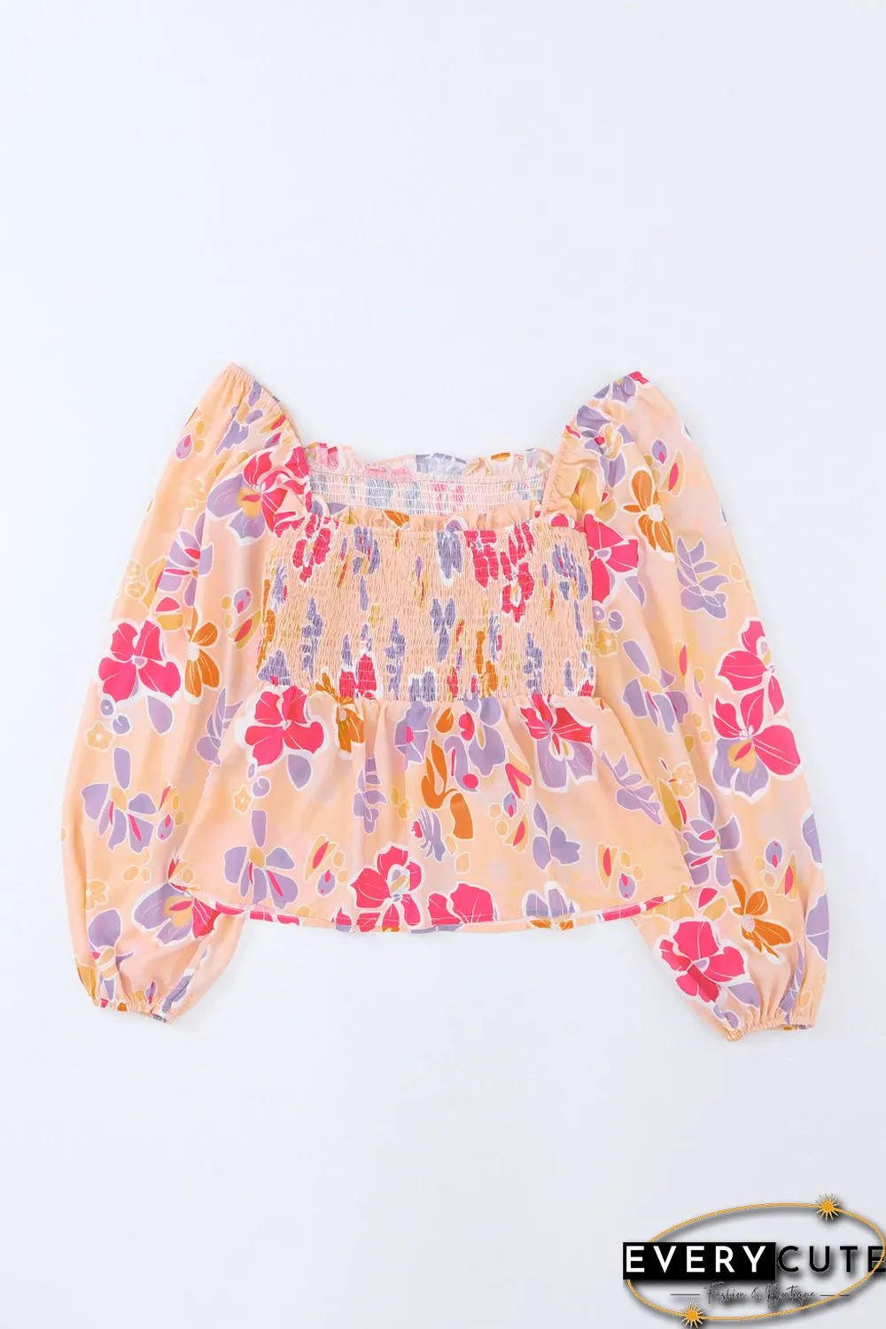 Pink Floral Print Smocked Long Sleeve Peplum Blouse