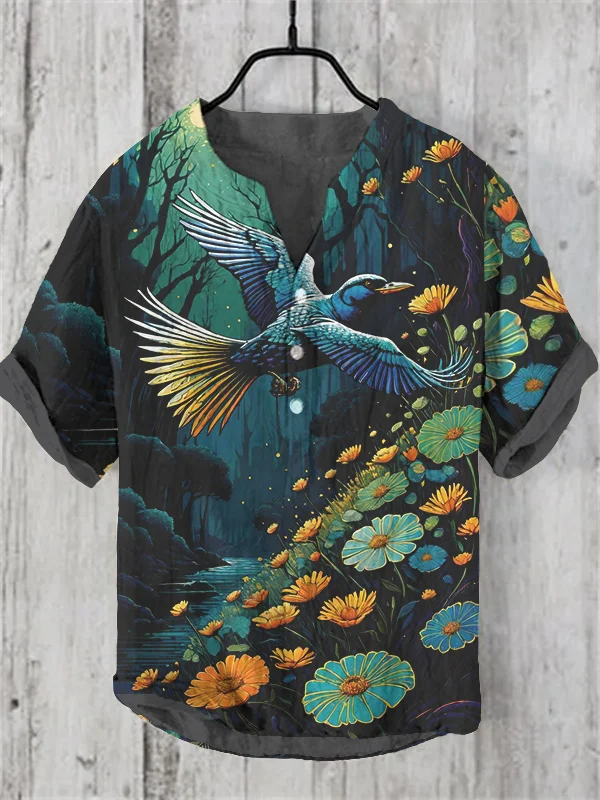 Men's Mysterious Forest Bird And Flowers Print Half Button Shirt