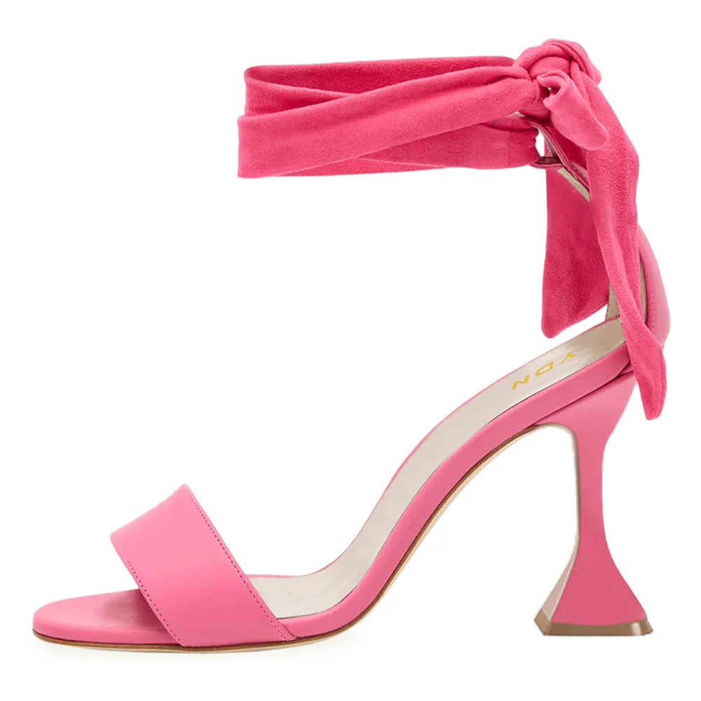 Open-Toe Lace-Up Ankle Strap Flared Heeled Sandals in Pink