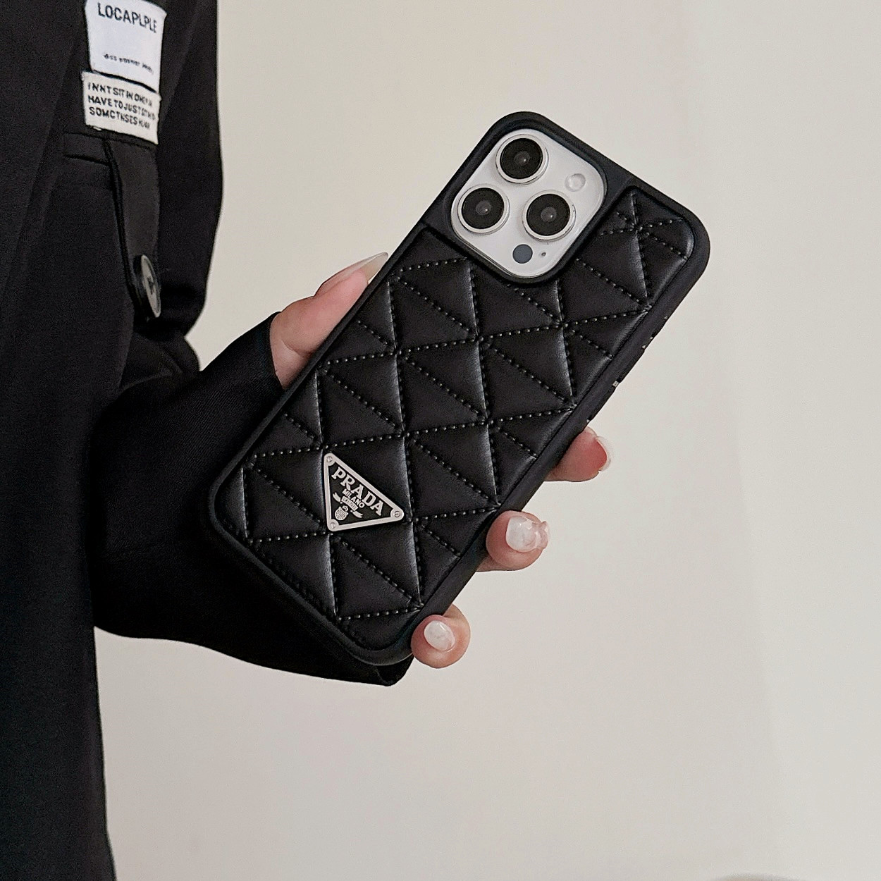 Prada Elegant Metal Monogram Diamond-Quilted Lambskim Leather Apple iPhone Case