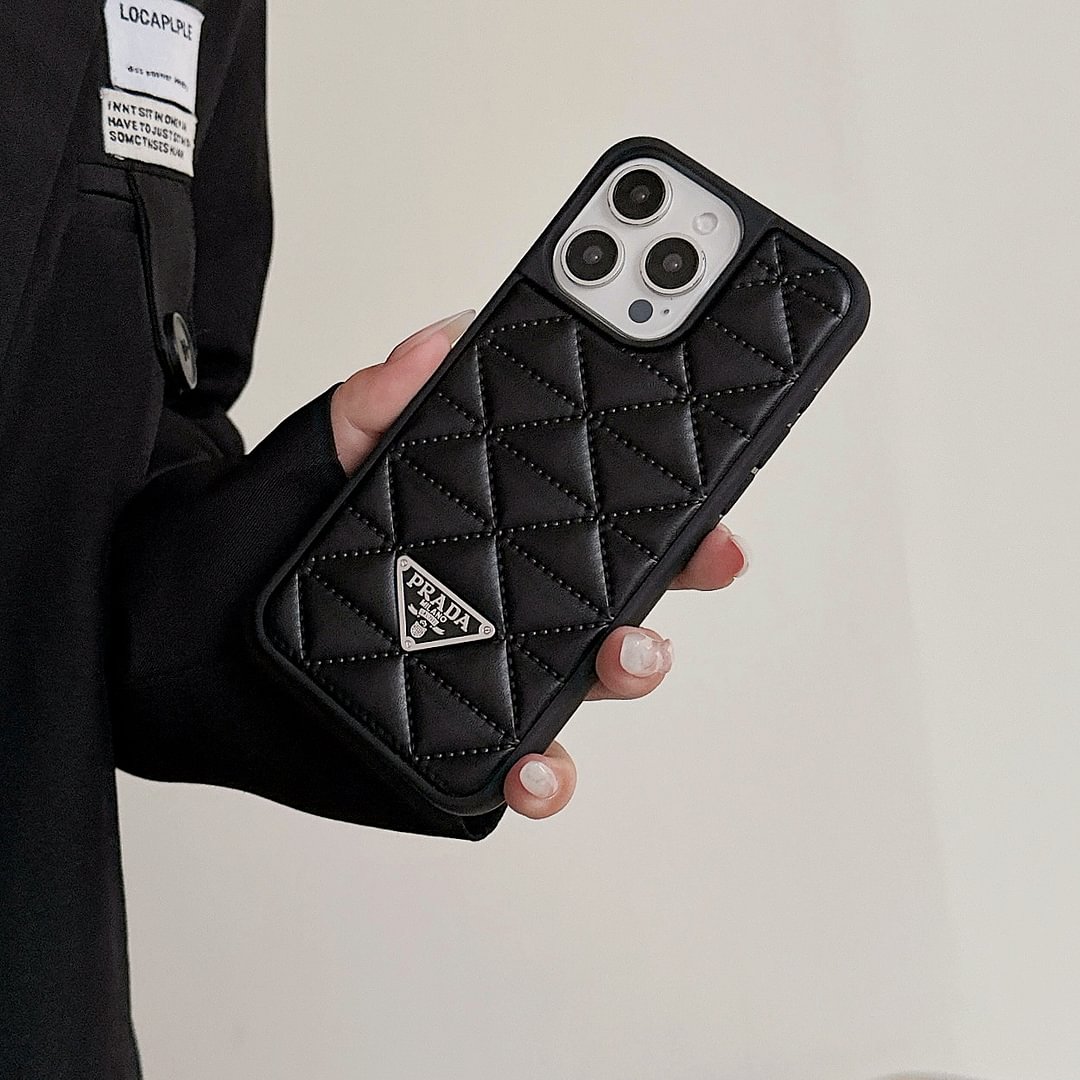 Prada Elegant Metal Monogram Diamond-Quilted Lambskim Leather Apple iPhone Case