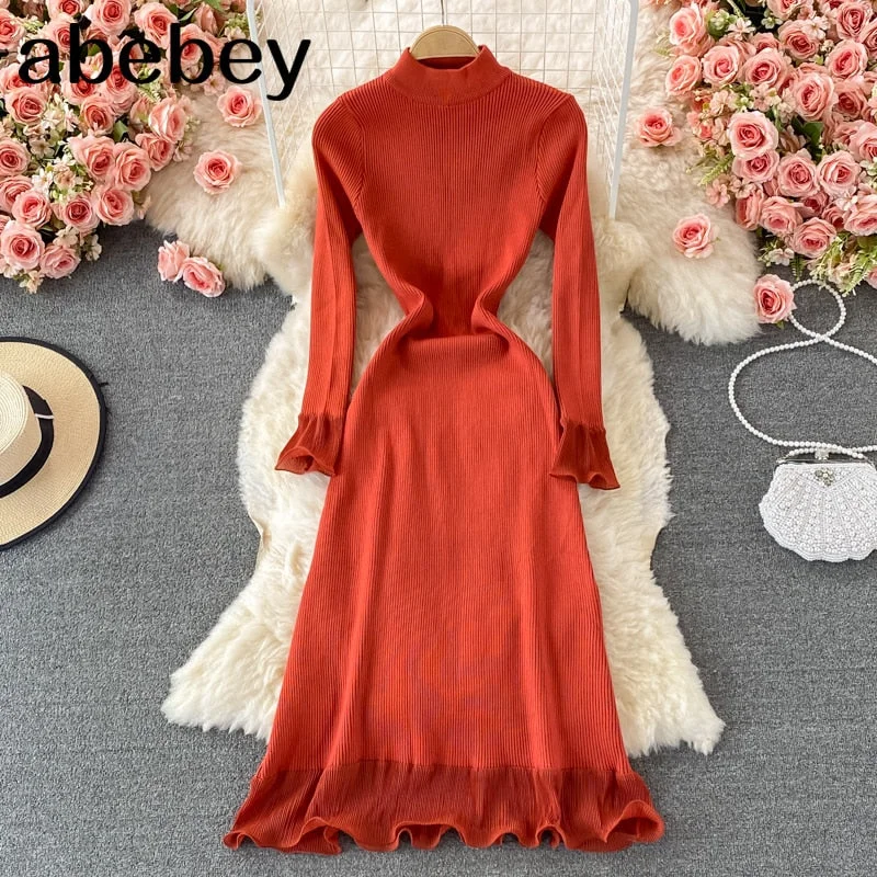 2023 New Spring Autumn Korean Turtleneck long sleeve knitted Dress Ruffles high waist elastic solid color mid-long wrap Dress