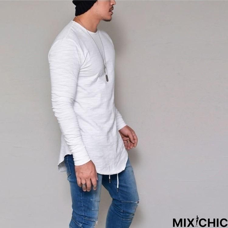 Plus Size Fashion Casual Slim Elastic Soft Solid Long Sleeve Men T Shirts Male Fit Tops Tee