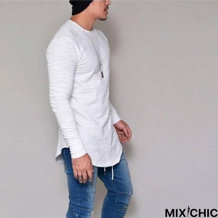 Plus Size Fashion Casual Slim Elastic Soft Solid Long Sleeve Men T Shirts Male Fit Tops Tee
