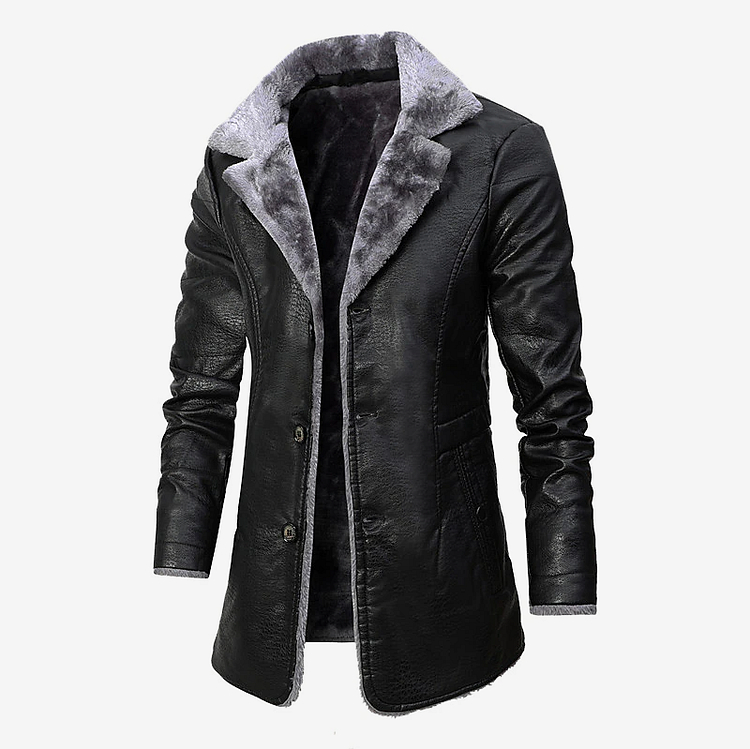 Men's Solid Mid-Length Leather Notch Lapel Plush Lined Thermal Warm Rain Waterproof Coat