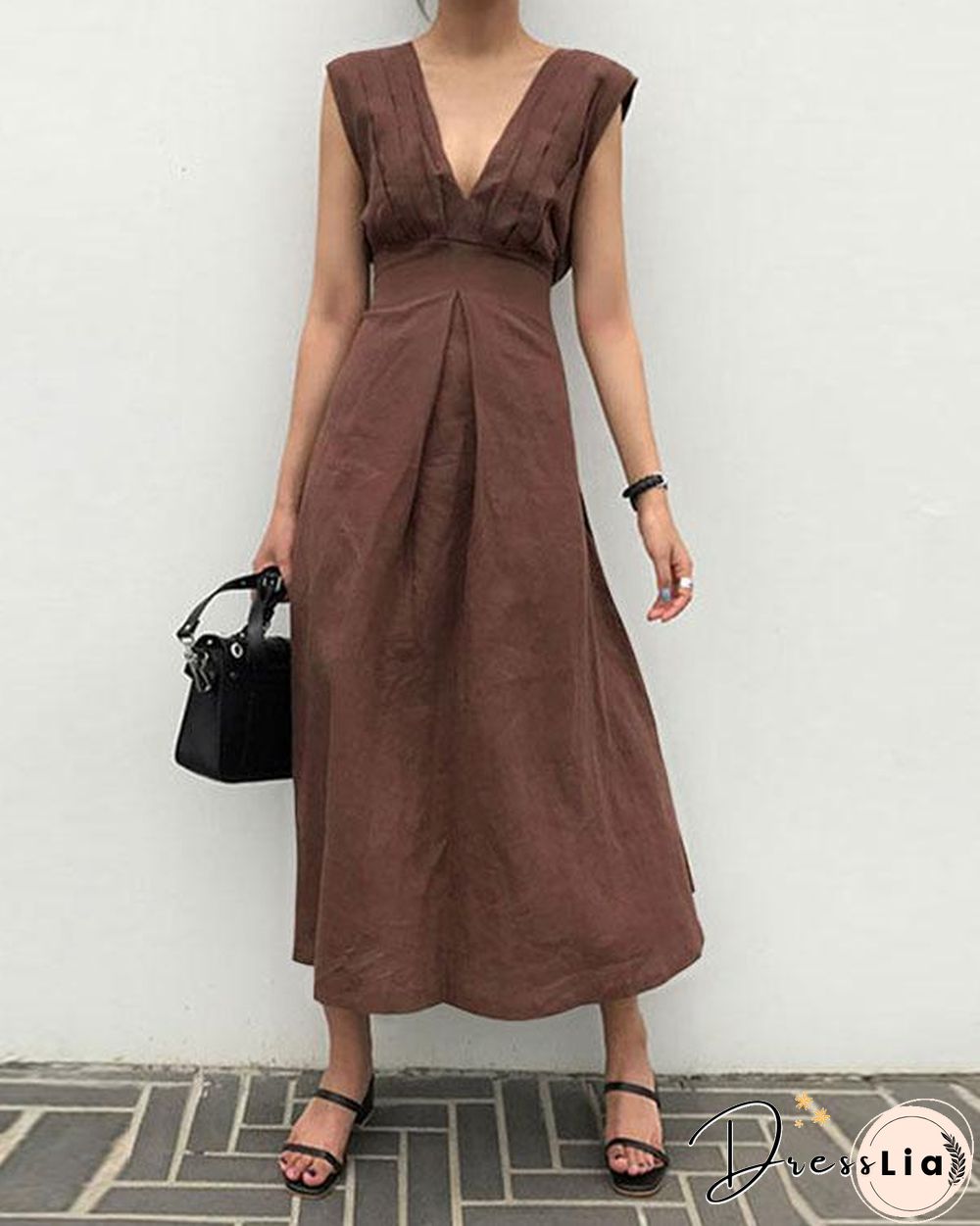 Solid Sleeveless Deep V Neck Fit&Flare Linen Maxi Dresses