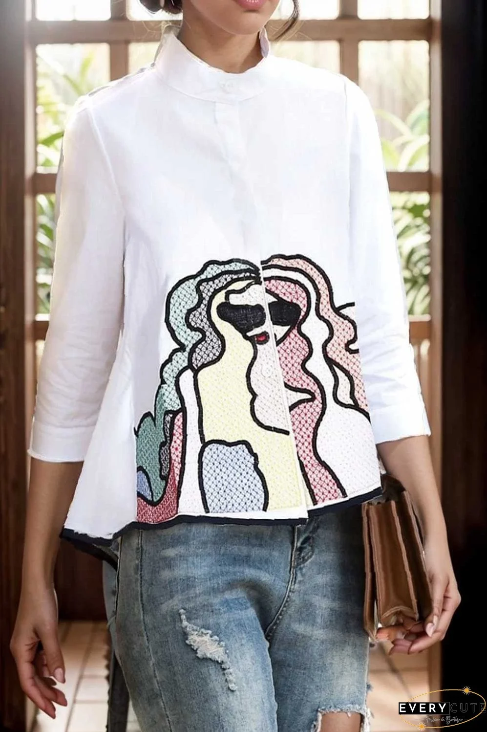 embroidered button mid sleeve casual blouse