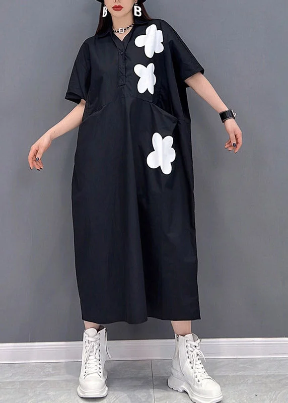 Black Floral Patchwork Pockets Button Cotton Dress Short Sleeve Summer