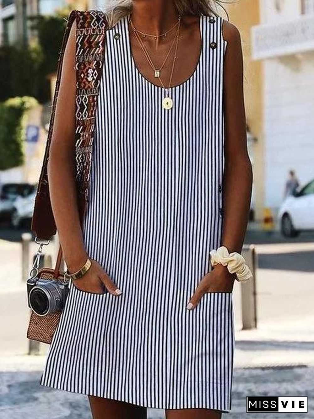 Crew Neck Women Dresses Shift Daily Boho Pockets Striped Dresses